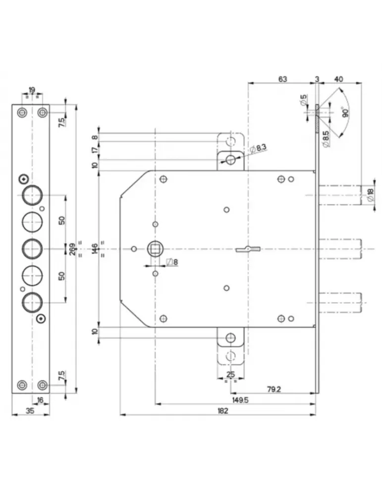 Mottura 50.558 Three-point lock – Without latchbolt Ø18