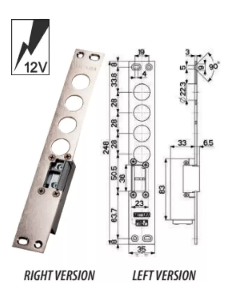 Gâche électrique Mottura 94.077/28 – 12V AC – Finition nickelée